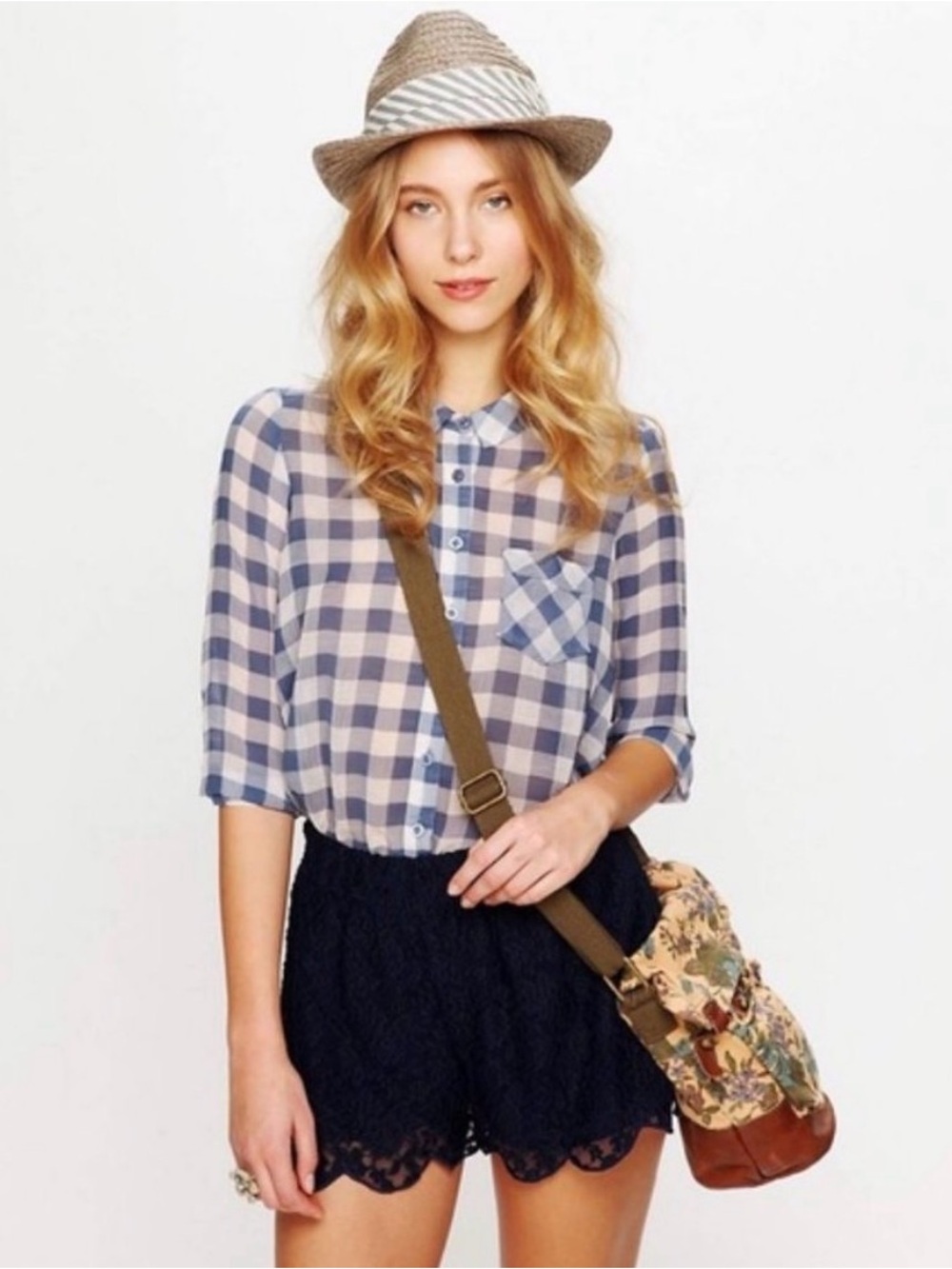 Free People "Sweet Spring" Sheer Gingham Button Up Shirt – Blue/White, Size S
